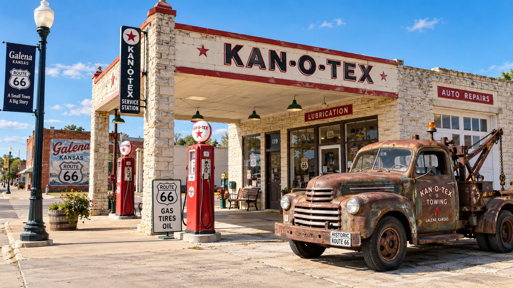 Ancienne station-service Kan-O-Tex et camion de dépannage sur la Route 66