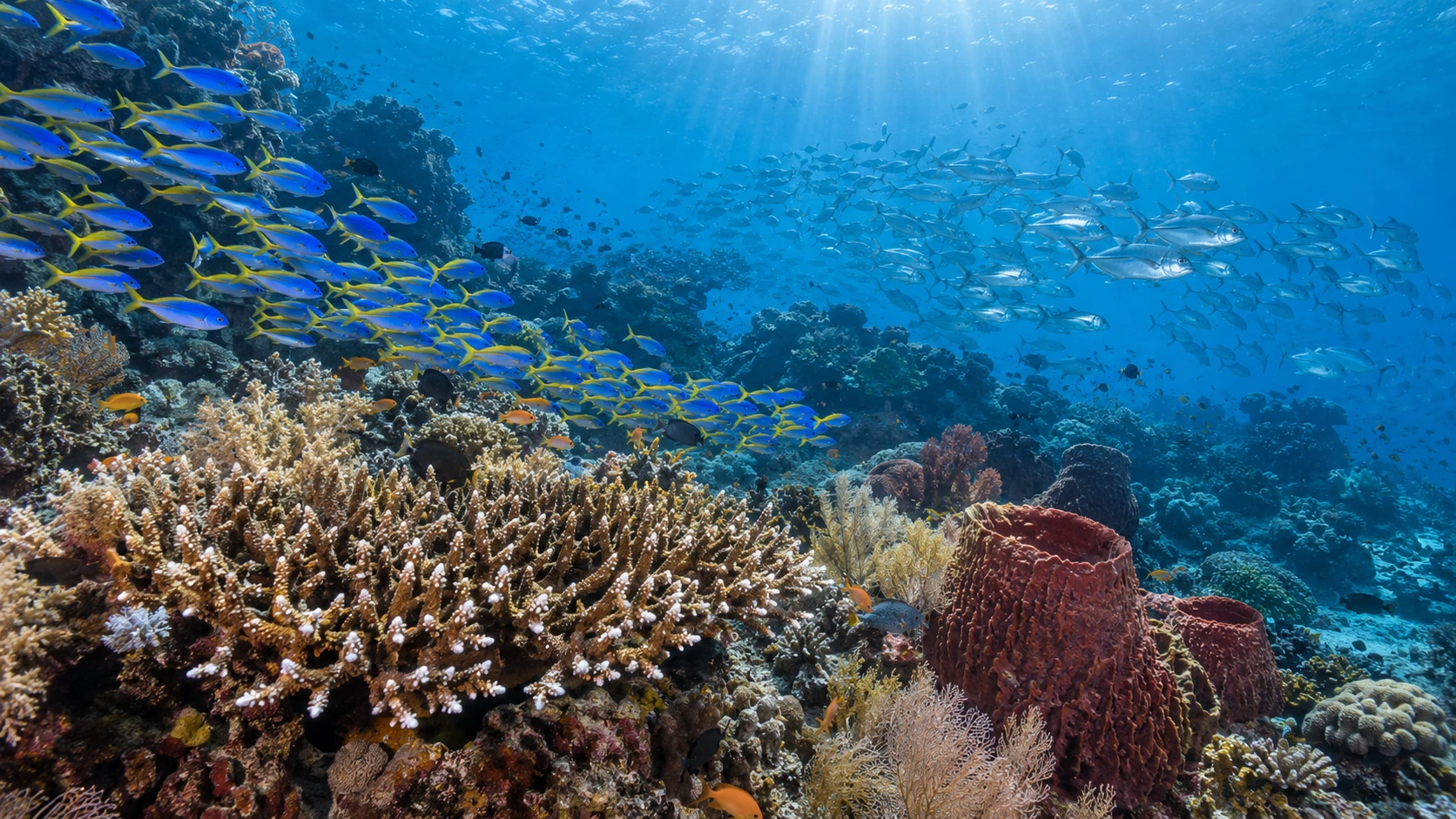 Récif corallien et bancs de poissons sous l’eau à Apo Island