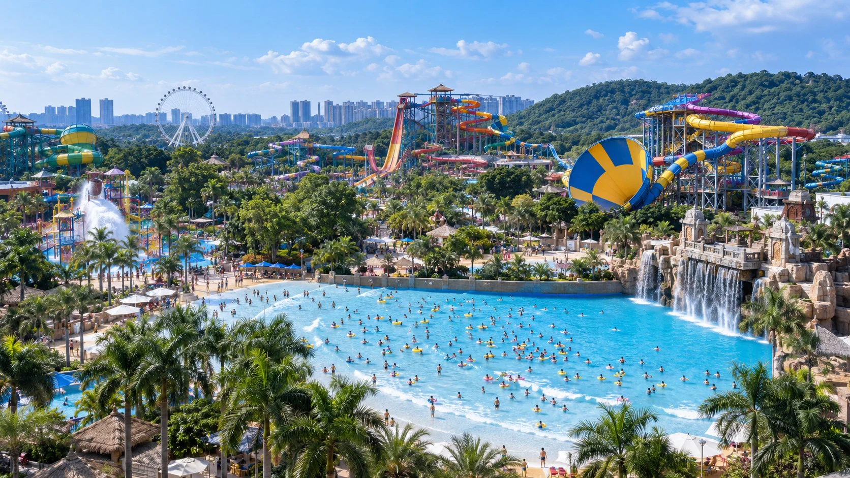Immense bassin à vagues et toboggans du Chimelong Water Park en Chine